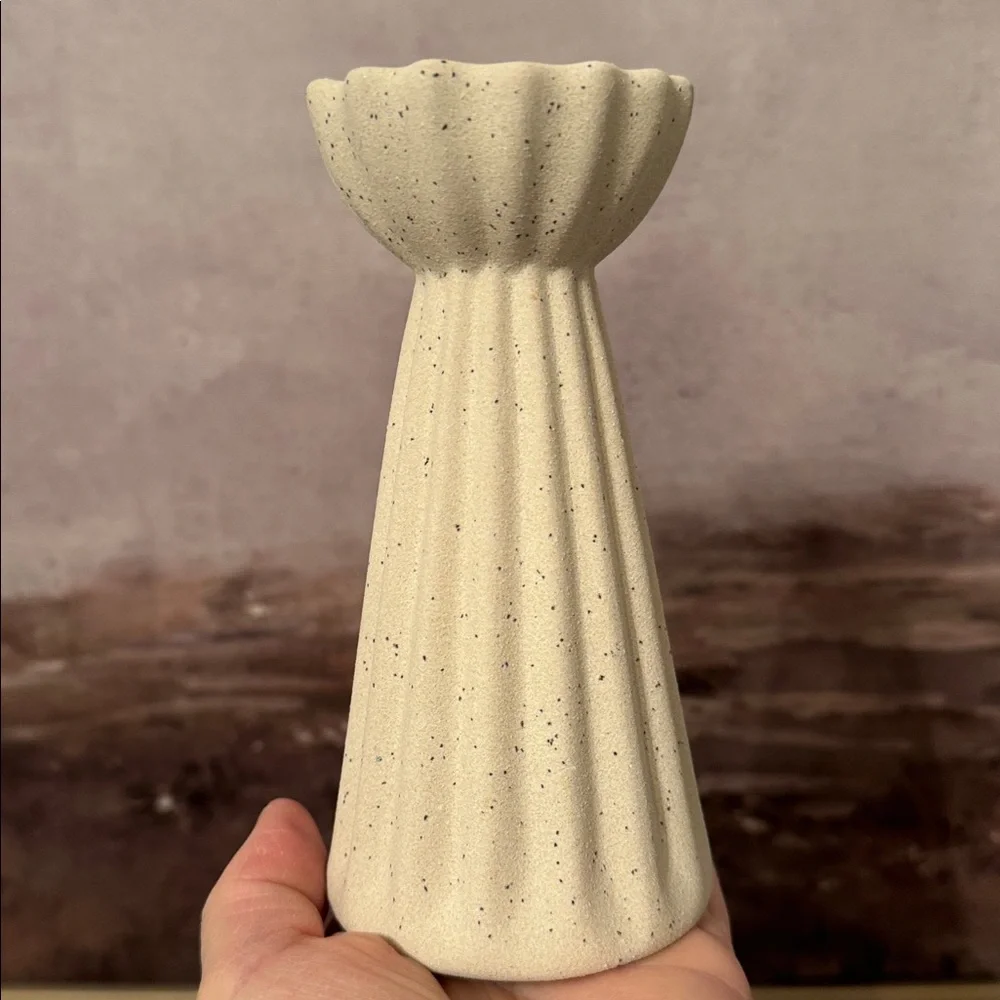 Ceramic Ribbed Taper 1/ Candle  Holder Beige - Threshold Studio  McGee